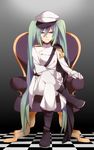  boots chair checkered checkered_floor crossed_legs gloves green_hair hat hatsune_miku long_hair military military_uniform oniyama831 peaked_cap sitting solo twintails uniform very_long_hair vocaloid 