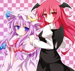  bat_wings bow checkered checkered_background crescent creta_(taku10) dress dress_shirt frown hair_bow hand_on_shoulder hat hat_ribbon head_tilt head_wings koakuma long_hair long_sleeves looking_at_viewer multiple_girls outline patchouli_knowledge purple_background purple_eyes purple_hair red_eyes red_hair ribbon robe shirt sitting skirt smile standing striped striped_dress touhou vest wings 