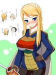  1boy 1girl agrias_oaks ahoge annoyed blonde_hair blue_eyes blush braid breasts cadd_kiriyama cape chibi chibi_inset cosplay costume_switch erect_nipples final_fantasy final_fantasy_tactics frown hand_on_hip hips huge_breasts impossible_clothes impossible_shirt long_hair ramza_beoulve shirt short_hair sweatdrop sword translated uniform weapon 