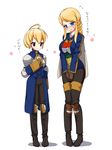  1boy 1girl agrias_oaks ahoge annoyed armor blonde_hair blue_eyes blush boots braid breast_squeeze breasts cadd_kiriyama cape cosplay costume_switch final_fantasy final_fantasy_tactics large_breasts long_hair open_mouth ramza_beoulve red_eyes short_hair trap uniform 