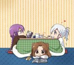  :d :o back_alley_alliance braid brown_hair cat cat_teaser comic eating food fruit heart kotatsu mandarin_orange manga_(object) melty_blood multiple_girls open_mouth purple_eyes purple_hair reading riesbyfe_stridberg sion_eltnam_atlasia six_(fnrptal1010) smile table tsukihime under_kotatsu under_table white_hair white_len yumizuka_satsuki 