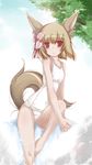  animal_ears bad_id bad_pixiv_id bow brown_hair hair_bow hands_clasped one-piece_swimsuit original own_hands_together red_eyes school_swimsuit sitting solo swimsuit tail white_school_swimsuit white_swimsuit yumesato_makura 