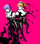  ayane_(doa) bad_id bad_pixiv_id banned_artist breasts brown_eyes brown_hair cleavage collarbone dead_or_alive elbow_gloves gloves inkblot kasumi_(doa) large_breasts multiple_girls pink_background ponytail purple_hair red_eyes s_tanly short_hair siblings sisters 