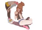  2girls ankea_(a-ramo-do) bangs bent_over black_legwear black_wristband bow breasts brown_hair creatures_(company) cutoffs denim denim_shorts double_bun full_body game_freak hair_grab hair_pull hands_on_own_knees implied_kiss kiss long_hair mei_(pokemon) multiple_girls nintendo pantyhose pink_bow pokemon pokemon_(game) pokemon_bw pokemon_bw2 pulling shadow shirt shorts simple_background sitting small_breasts standing touko_(pokemon) yellow_shorts yuri 