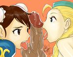  1boy 2girls blonde_hair blue_eyes brown_eyes brown_hair cammy_white capcom chun-li disembodied_penis double_bun fellatio group_sex licking monomonok multiple_fellatio multiple_girls oral penis precum pubic_hair saliva sex street_fighter teamwork tongue tongue_out uncensored 