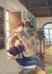  ahoge annoyed arm_up axis_powers_hetalia bad_id bad_pixiv_id barefoot book brown_hair chair cup denim flag_print frown green_eyes hair_intakes holding indoors italian_flag jeans jewelry long_sleeves looking_up male_focus mug multiple_boys necklace open_mouth pants plant potted_plant print_cup shirt short_sleeves sitting sleeves_rolled_up slippers smile southern_italy_(hetalia) spain_(hetalia) spanish_flag toenails window wooden_floor zukki_(suzukio) 