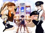  2girls bag blonde_hair blue_eyes gloves hat kamaishi_mana kuji_alice long_hair multiple_girls open_mouth peaked_cap salute scarf snow tessai tetsudou_musume train uniform very_long_hair white_gloves 