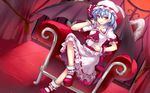  bad_id bad_pixiv_id bat_wings blue_hair bobby_socks chair chin_rest crossed_legs cup fang hat highres looking_at_viewer mary_janes momoko_(momopoco) red_eyes remilia_scarlet shoes sitting smile socks solo touhou wallpaper wings wrist_cuffs 