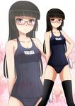  black_hair breasts brown_eyes chiaki_kurihara cleavage glasses hand_on_hip highres hime_cut kenken long_hair medium_breasts miniskirt_pirates navel one-piece_swimsuit school_swimsuit semi-rimless_eyewear swimsuit thighhighs under-rim_eyewear zoom_layer 