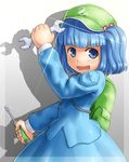  backpack bag blue_eyes blue_hair blush double_sided_wrench hair_bobbles hair_ornament hat kawashiro_nitori key monosenbei open_mouth screwdriver short_hair short_twintails skirt smile solo touhou twintails two_side_up wrench 