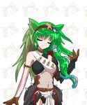  alphes_(style) alternate_costume closed_eyes crossover felyne fishnets frog_hair_ornament green_hair green_nargacuga_(armor) hair_ornament hair_tubes hairband kaoru_(gensou_yuugen-an) kochiya_sanae long_hair monster_hunter nargacuga_(armor) navel parody smile snake solo style_parody touhou 