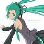  character_name detached_sleeves floating_hair green_eyes green_hair hatsune_miku headphones headset hello_planet_(vocaloid) highres kowiru long_hair necktie simple_background solo twintails vocaloid white_background 