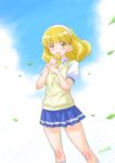  blonde_hair blush hairband hands_together joy_ride kise_yayoi leaf nanairogaoka_middle_school_uniform open_mouth own_hands_together precure school_uniform short_hair skirt smile smile_precure! solo sweater_vest white_hairband wind yellow_eyes 
