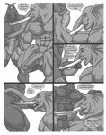  balls big_penis bulge comic dialog elephant english_text failed_blowjob gay greyscale male mammal monochrome muscles pecs penis rhinoceros sudonym text tusk 