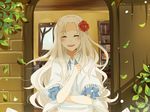  ^_^ arch blonde_hair blush book bookshelf brick_wall closed_eyes commentary day door facing_viewer falling_leaves flower frilled_sleeves frills fringe_trim fuchsia91 hair_flower hair_ornament happy house kagerou_project kozakura_shion leaf long_hair open_door red_flower shawl solo tears upper_body white_hair window 