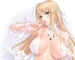  1girl blonde_hair blush breasts earrings finger_to_mouth green_eyes hair_ribbon jewelry large_breasts lipstick long_hair makeup princess ribbon sano_toshihide saotome_maria see-through sex_life 
