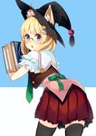  animal_ears bangs banned_artist black_legwear blonde_hair blue_eyes blunt_bangs book copyright_request ears_through_headwear fox_ears glasses hair_ornament hat leaning_forward looking_back necktie open_mouth paseri pleated_skirt skirt solo thighhighs witch_hat 