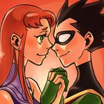  1girl black_hair blush closed_mouth couple dc_comics domino_mask face gloves gorget green_eyes hetero holding_hands imminent_kiss interlocked_fingers looking_at_another lowres mask profile red_hair robin_(dc) sen_(sen69) smile starfire teen_titans 