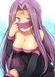  armband bare_shoulders blindfold breasts cleavage detached_sleeves dress facial_mark fate/stay_night fate_(series) forehead_mark large_breasts long_hair marimo_danshaku outstretched_arm peeking_out purple_eyes purple_hair rider sitting thighhighs very_long_hair 