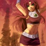  2012 armpits arms_up dc_comics gorget green_eyes long_hair midriff miniskirt navel parted_lips prink realistic red signature skirt smile solo starfire teen_titans 