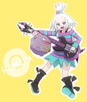  1girl blue_eyes guitar gym_leader hair_bobbles hair_ornament homika_(pokemon) instrument koffing pokemon pokemon_(game) pokemon_bw2 shirt striped striped_shirt white_hair 