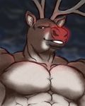  antlers biceps cervine close-up grin horn male mammal muscles pecs reindeer ripped-saurian rudolph solo topless 
