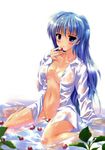  absurdres barefoot blue_eyes blue_hair blush breasts convenient_censoring copyright_request covered_nipples dress_shirt food fruit highres komatsu_eiji long_hair medium_breasts navel no_bra no_panties partially_submerged scan shirt sitting solo strawberry wariza water wet wet_clothes 