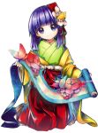  1girl eyebrows_visible_through_hair flower forbidden_scrollery full_body hair_flower hair_ornament harukawa_moe head_tilt hieda_no_akyuu highres japanese_clothes kimono medium_hair obi official_art purple_eyes purple_hair sash scroll sitting smile solo touhou transparent_background 