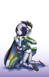  1girl boots cape dc_comics elbow_gloves forehead_jewel gloves holding hug kneeling looking_back mask pale_skin purple_hair raven_(dc) robin_(dc) sen_(sen69) short_hair signature teen_titans 