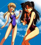  absurdres artoria_pendragon_(all) black_hair blonde_hair bottle competition_swimsuit fate/stay_night fate/zero fate_(series) gentoku green_eyes highres long_hair long_legs multiple_girls one-piece_swimsuit saber shiny shiny_skin swimsuit toosaka_rin two_side_up 