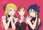  3girls arm_up ayase_eli bangs black_dress black_gloves blonde_hair blue_eyes blue_hair cleavage_cutout commentary_request dress earrings elbow_gloves gloves hair_between_eyes hair_ornament hair_ribbon hand_holding hand_in_another&#039;s_hair highres jewelry long_hair looking_at_viewer love_live! love_live!_school_idol_project multiple_girls nishikino_maki ponytail purple_eyes red_background red_hair ribbon simple_background sleeveless sleeveless_dress smile soldier_game sonoda_umi suito tiara upper_body white_gloves yellow_eyes 