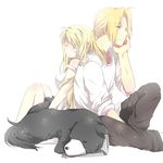  1girl ahoge back-to-back bad_id bad_pixiv_id blonde_hair closed_eyes couple den_(fma) dog earrings edward_elric fullmetal_alchemist hetero jewelry long_hair mitsu_yomogi ponytail winry_rockbell yellow_eyes 