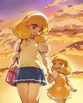  bag blonde_hair blush child closed_eyes dress dual_persona hair_ornament hairband hisahiko holding_hands kise_yayoi multiple_girls nanairogaoka_middle_school_uniform open_mouth precure puffy_short_sleeves puffy_sleeves school_bag school_uniform short_hair short_sleeves skirt smile smile_precure! sunset sweater_vest thighs time_paradox white_hairband yellow_eyes younger 