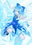  bad_id bad_pixiv_id blue_eyes blue_hair bow cirno dress foreshortening gujira hair_bow hands ice open_mouth outstretched_arm outstretched_hand short_hair smile solo touhou wings 