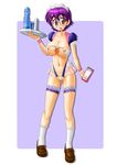  blush breasts cameltoe collar highres maid_headdress nipples purple_hair pussy_juice pussy_juice_trail red_eyes see-through short_hair tray v2 waitress 