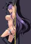 animal_ears bad_id bad_pixiv_id blush body_writing boots breasts bunny_ears censored chain convenient_censoring elbow_gloves gisyo gloves highres large_breasts long_hair looking_at_viewer money money_hold panties panty_pull pole pole_dancing profile purple_hair red_eyes reisen_udongein_inaba sideboob solo stripper stripper_pole tongue touhou underwear very_long_hair 