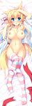  animal_ears arm_up bell blonde_hair blue_eyes blush breasts curvy dakimakura fang fox_ears fox_tail full_body groin hair_ribbon highres hips japanese_clothes jingle_bell knees_touching large_breasts long_hair miko navel nipples open_clothes open_mouth open_shirt original panties panty_pull ribbon shirt solo striped striped_legwear tail tateha_(marvelous_grace) thighhighs underwear very_long_hair 