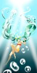  1girl absurdres barefoot bikini bow bowtie bubble freediving green_eyes green_hair hatsune_miku highres long_hair short_twintails swimming swimsuit tied_hair twintails underwater very_long_hair vocaloid water 