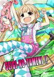  1girl blonde_hair blush brown_eyes child digital_media_player earbuds earphones fang futaba_anzu idolmaster idolmaster_cinderella_girls kingin long_hair lying microphone microphone_stand open_mouth overalls ribbon solo stuffed_animal stuffed_bunny stuffed_toy twintails very_long_hair 