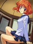  90s ass chou_kidou_densetsu_dinagiga haruyama_kazunori light_smile looking_at_viewer miniskirt no_panties orange_hair red_eyes sitting skirt solo toono_hikari uniform 