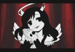  1girl alice_(bendy_and_the_ink_machine) animated bendy_and_the_ink_machine black_hair black_lips creepy dark_persona dual_persona gloves halo horns wings 