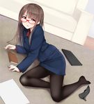  black_legwear blush book brown_hair couch fallen_down formal glasses high_heels jacket legs long_hair masamuuu office_lady open_mouth original pantyhose pencil_skirt red-framed_eyewear shoes skirt skirt_suit suit 