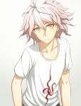  1boy alternate_eye_color azami194 bare_arms beige_eyes closed_mouth collarbone commentary_request danganronpa danganronpa_3 eyebrows_visible_through_hair hair_between_eyes komaeda_nagito looking_at_viewer male_focus medium_hair shirt short_sleeves simple_background smile solo standing super_danganronpa_2 upper_body white_background white_hair white_shirt 