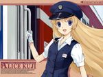  1girl artist_request blonde_hair blue_eyes character_name english gloves hat highres kuji_alice long_hair open_mouth peaked_cap solo tetsudou_musume train uniform very_long_hair wallpaper white_gloves 