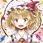  ascot bad_id bad_pixiv_id blonde_hair flandre_scarlet hat hat_ribbon lowres open_mouth petals red_eyes ribbon shirt short_hair side_ponytail smile solo tamago_gohan touhou upper_body vest wings 
