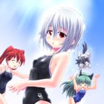  animal_ears arena_(company) blurry cat_ears closed_eyes competition_school_swimsuit depth_of_field dog green_eyes long_hair multiple_girls one-piece_swimsuit original red_eyes red_hair school_swimsuit silver_hair swimsuit tennouji_masamichi 