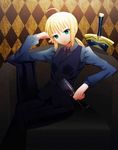 ahoge argyle argyle_background artoria_pendragon_(all) avalon_(fate/stay_night) bad_id bad_pixiv_id blonde_hair cup drinking_glass excalibur fate/zero fate_(series) formal green_eyes h8638247 highres long_hair pant_suit ponytail saber sheath sheathed solo suit sword vest waistcoat weapon wine_glass 