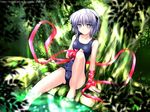  bad_id bad_pixiv_id barefoot jnr-m kagari_(rewrite) nature one-piece_swimsuit purple_eyes purple_hair rewrite ribbon school_swimsuit short_hair solo swimsuit 