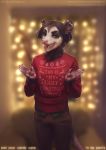  2018 5_fingers anthro black_eyebrows black_fur black_hair blurred_background brown_bottomwear brown_clothing brown_pants christmas clothed clothing depth_of_field digital_media_(artwork) ear_piercing english_text eyebrows front_view fully_clothed fur hair hi_res holidays industrial_piercing lostgoose male mammal mark_(lostgoose) marsupial multicolored_fur open_mouth opossum pants piercing pink_nose red_clothing red_topwear short_hair solo standing sweater teeth text two_tone_fur url white_fur 
