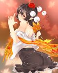  ass bare_shoulders belt black_hair blush breasts dango_ya fan hat hauchiwa looking_at_viewer looking_back medium_breasts no_bra off_shoulder open_clothes open_shirt pointy_ears red_eyes shameimaru_aya shirt short_hair skirt smile solo tokin_hat touhou 